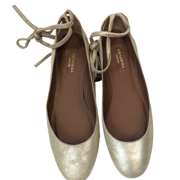 Aquazzura Leather Lace Up Ballet Flats Shoes Womens 39 Gold Designer Luxury - Picture 2 of 10